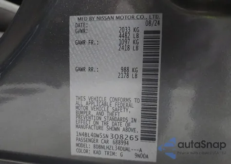 2025 Nissan Altima Sv Awd z USA, uszkodzony, nr VIN 1N4BL4DW5SN308265